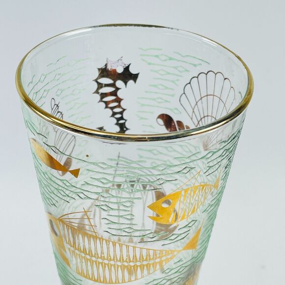 Vtg Libbey Marine Life Pilsner Glass 8.5" Fish Seahorse Aqua Gold Coastal Bar - Picture 4 of 12